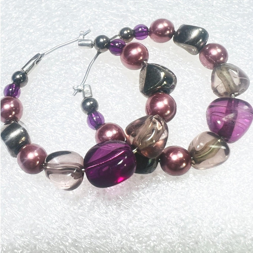 Artisan Beaded Hoop Earrings Latch Back‎ Pierced Multi Colored Silver Tone
